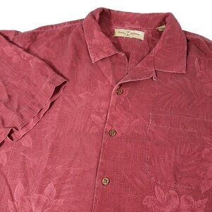 Tommy‎ Bahama Maroon 100% Silk Size Large Jacquard Print Hawaiian Aloha Shirt